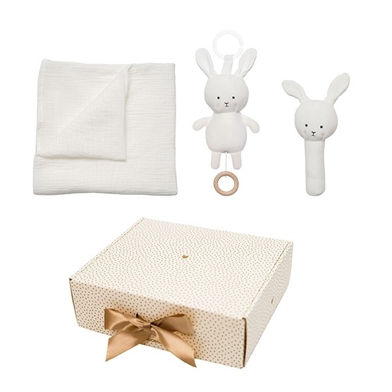 Geschenkset mit Babydecke/Spieluhr/Rassel Bunny / Weiß